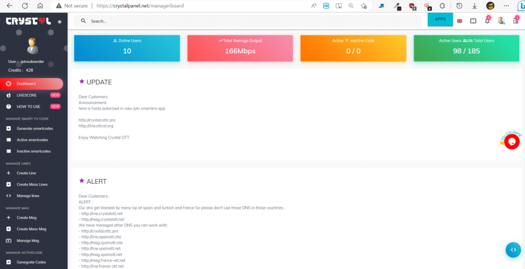 Screenshot inside the CrystalOTT reseller panel