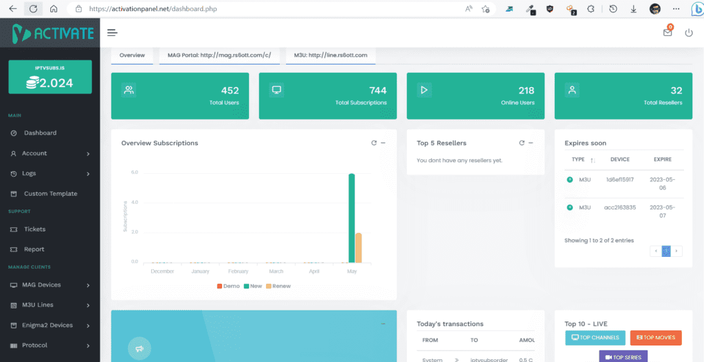 Screenshot inside the Trex server reseller panel